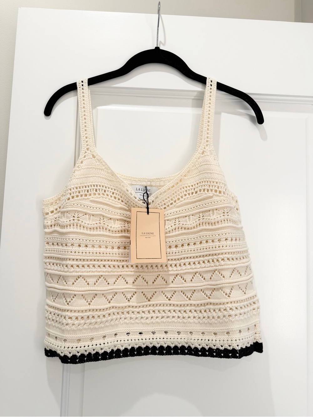 La Ligne Cream Crochet Tank with Black Trim